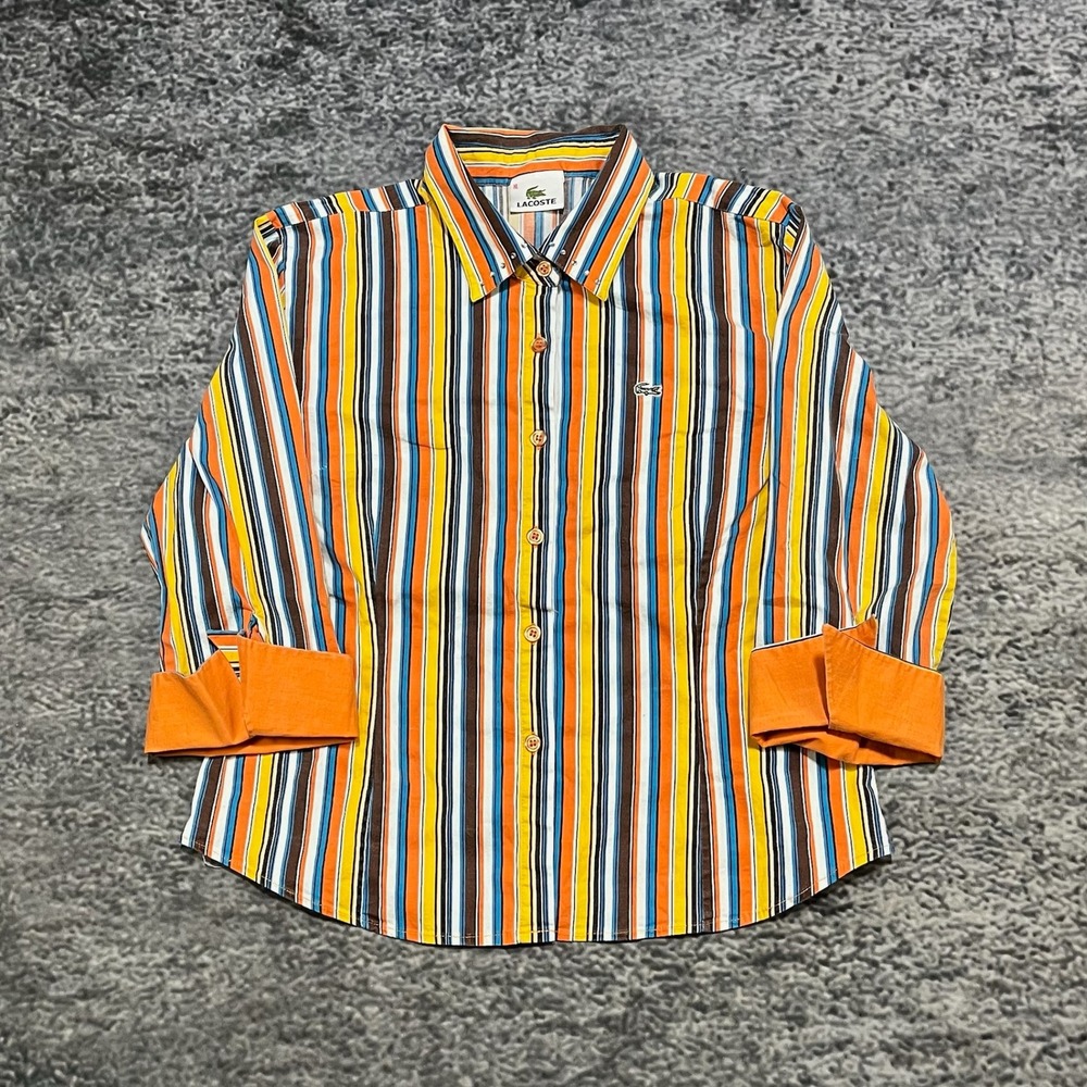 Vintage‎ Lacoste Striped Long Sleeve Button Up Shirt Womens XL Multi Color 80s